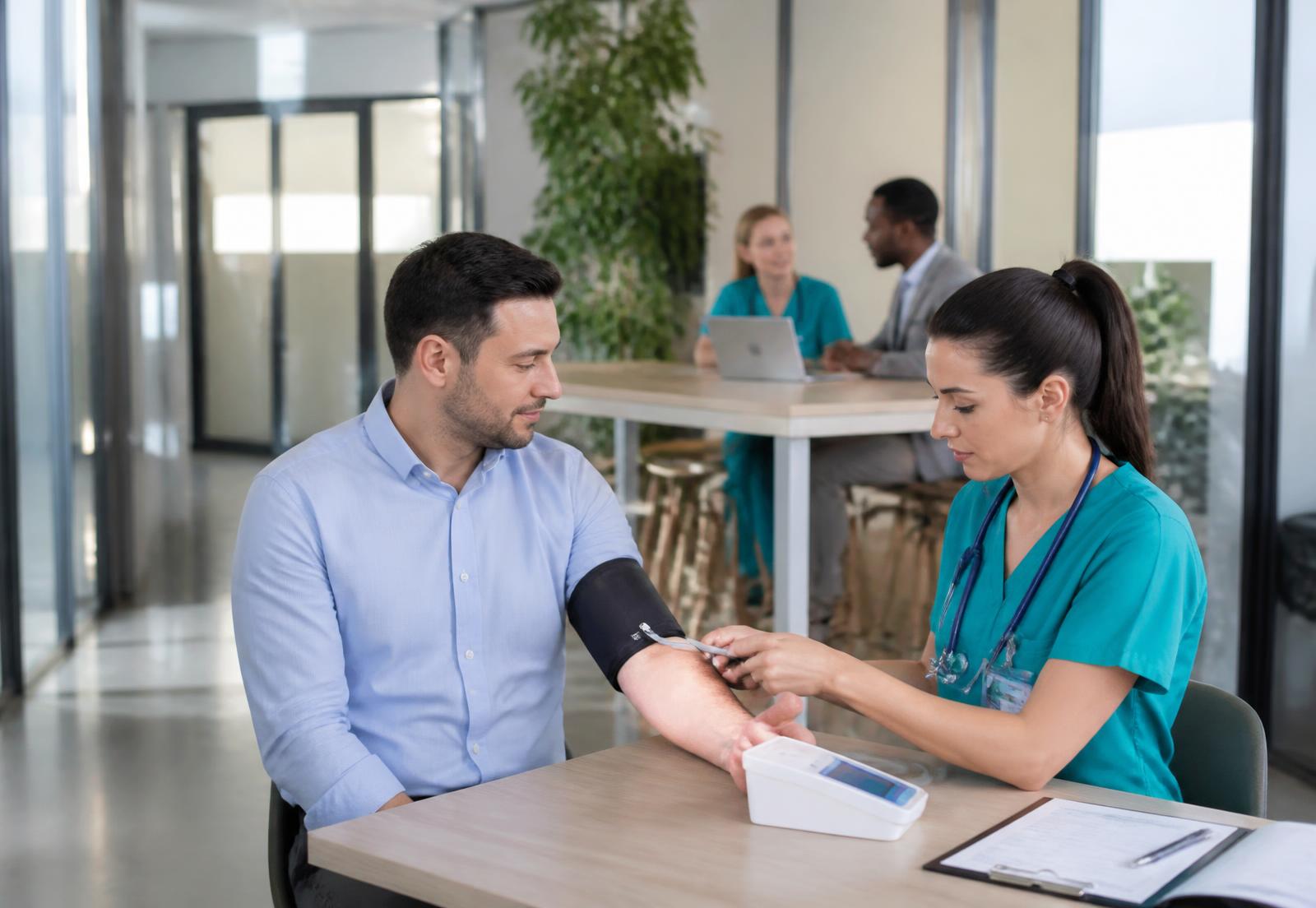 Personal de salud realizando una jornada médica en empresa